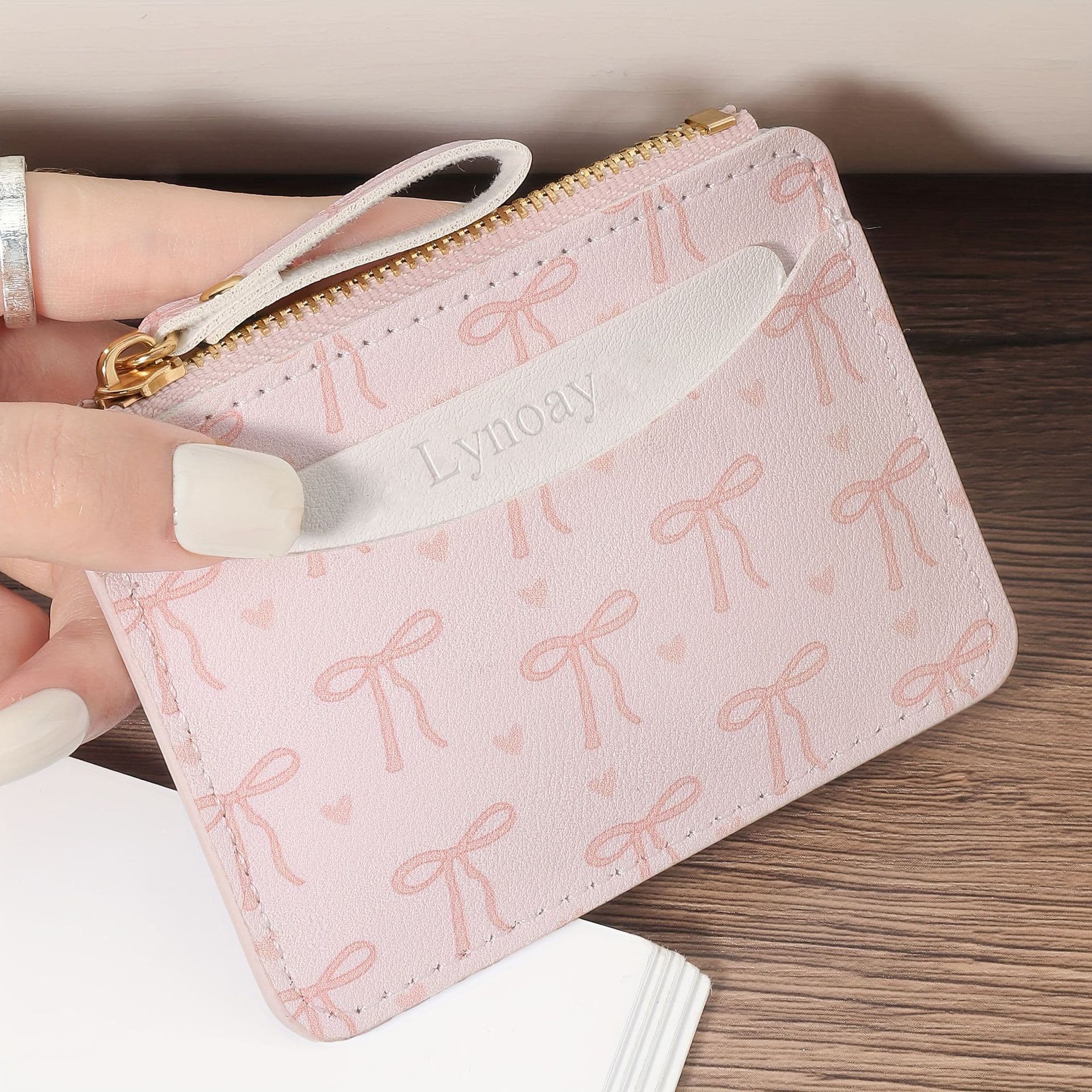 Women's Ultra-Thin Zipper Wallet Pink Heart Bow Card Holder Lightweight Daily Card Case Zipper Closure