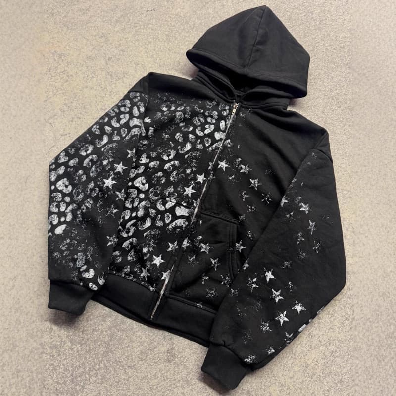 European and American cross-border street zipper print design high street trend loose men's and women's pullover personalized sweatshirt full of stars
