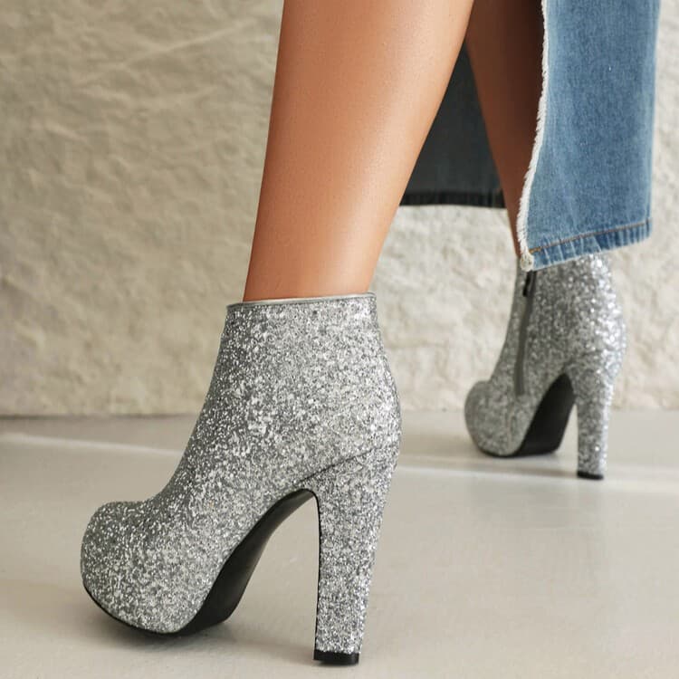 Silver European and American Ankle Boots Runway Ultra High Heel Platform Autumn Winter Large Size Shiny European and American Style Ankle Boots Fashion Thick Sole