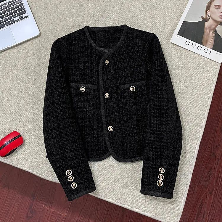 Down-filled Thickened Black Round Neck Luxury Style Short Jacket Autumn/Winter New Tweed Socialite Elegant Short Top