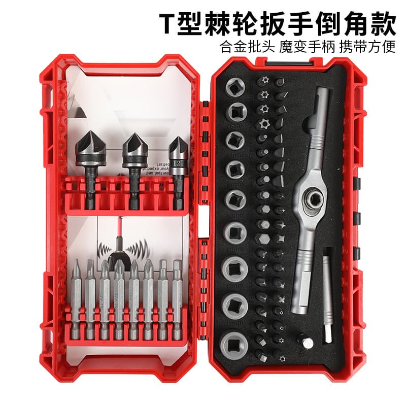 63-Piece T-Type Ratchet Screwdriver Small Wrench Set, Angled Phillips and Flathead Short Bits, Chamfering Function