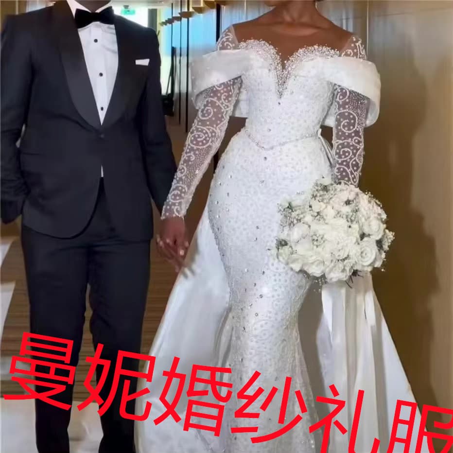 Amazon New Style Wedding Dress for Export, African Cross-Border Bride Detachable Lace Long Sleeve Mermaid