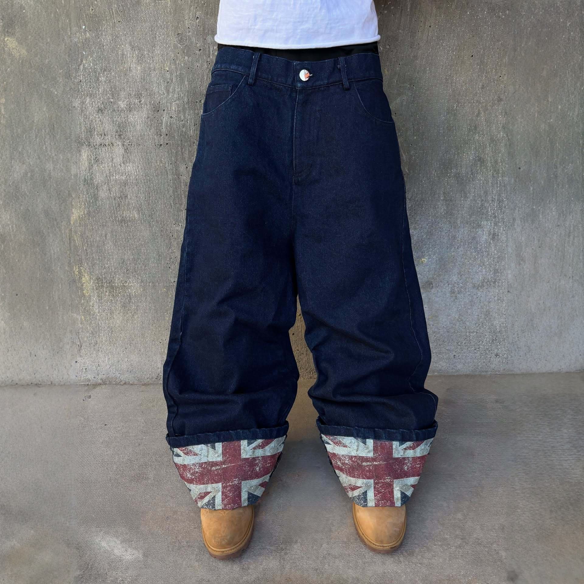 Cross-Border European and American Cuffed Printed Jeans for Men Y2K High Street Loose Versatile Design Straight-Leg Floor-Length Pants Trendy