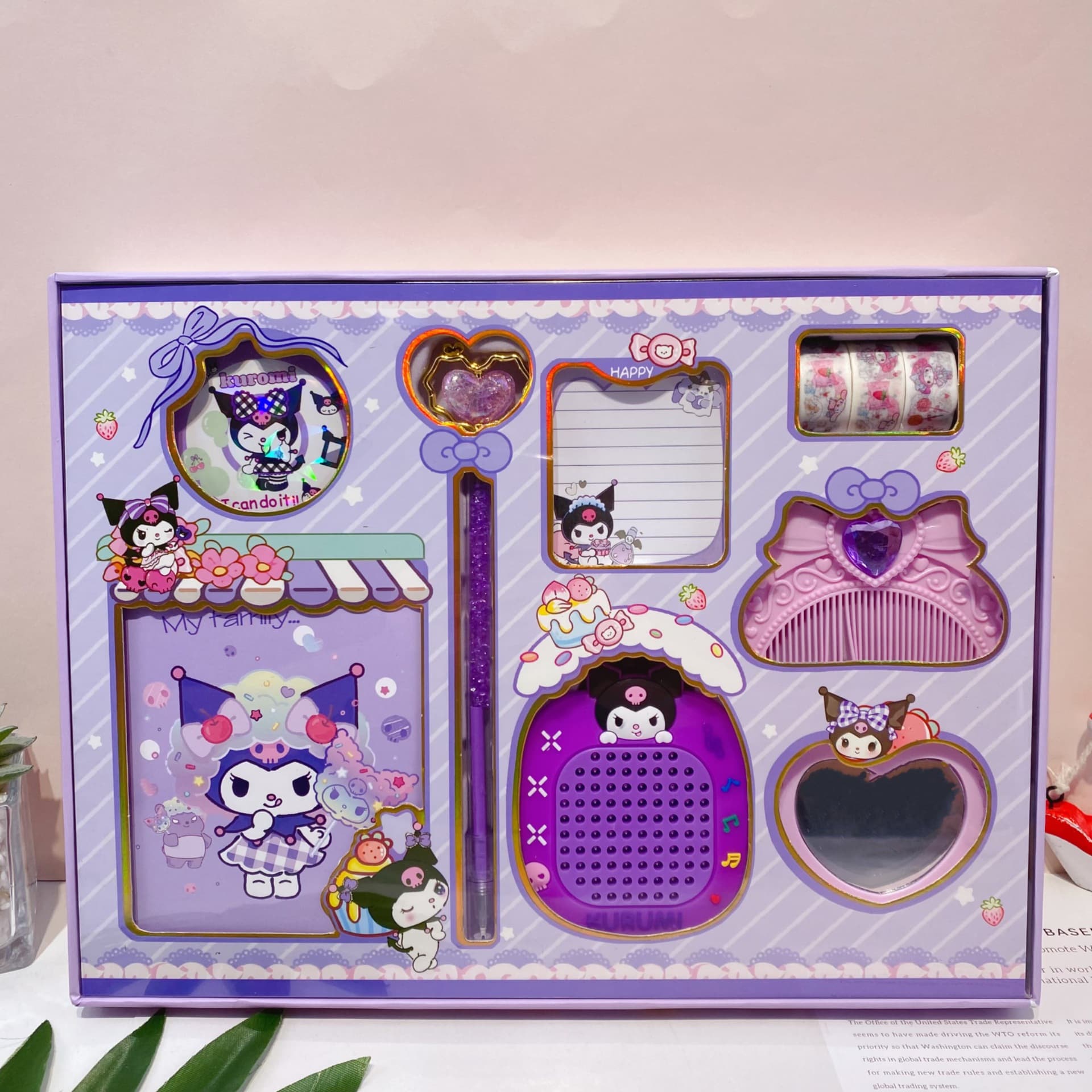 New Kuromi PU Leather Notebook Comb Mirror Stickers Fun Stationery Cute Cartoon Design Stationery Set