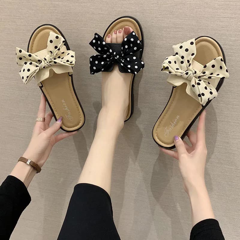 2024 Summer New Bow Sandals Korean Flower Beach Shoes Flat Sandals for Women Ins Style