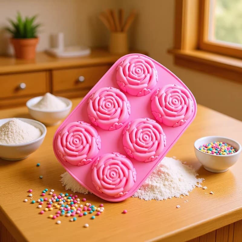 6-Cavity Round Rose Baking Mold Silicone Cake Mold Chocolate Silicone Soap Ice Cube Tray
