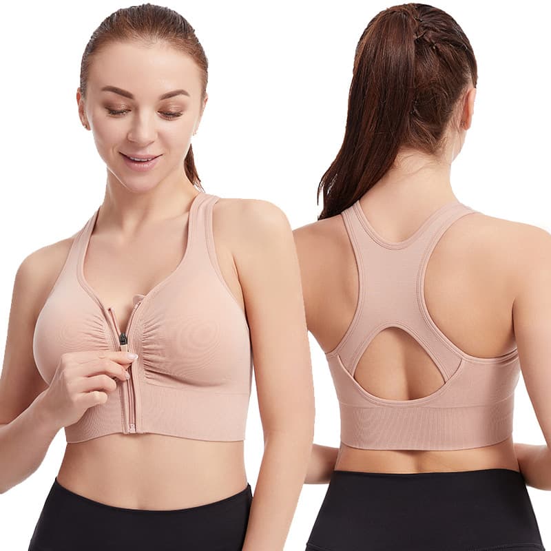 Shockproof, plus-size, supportive, running, yoga, fitness sports bra with open back and front zipper for women.