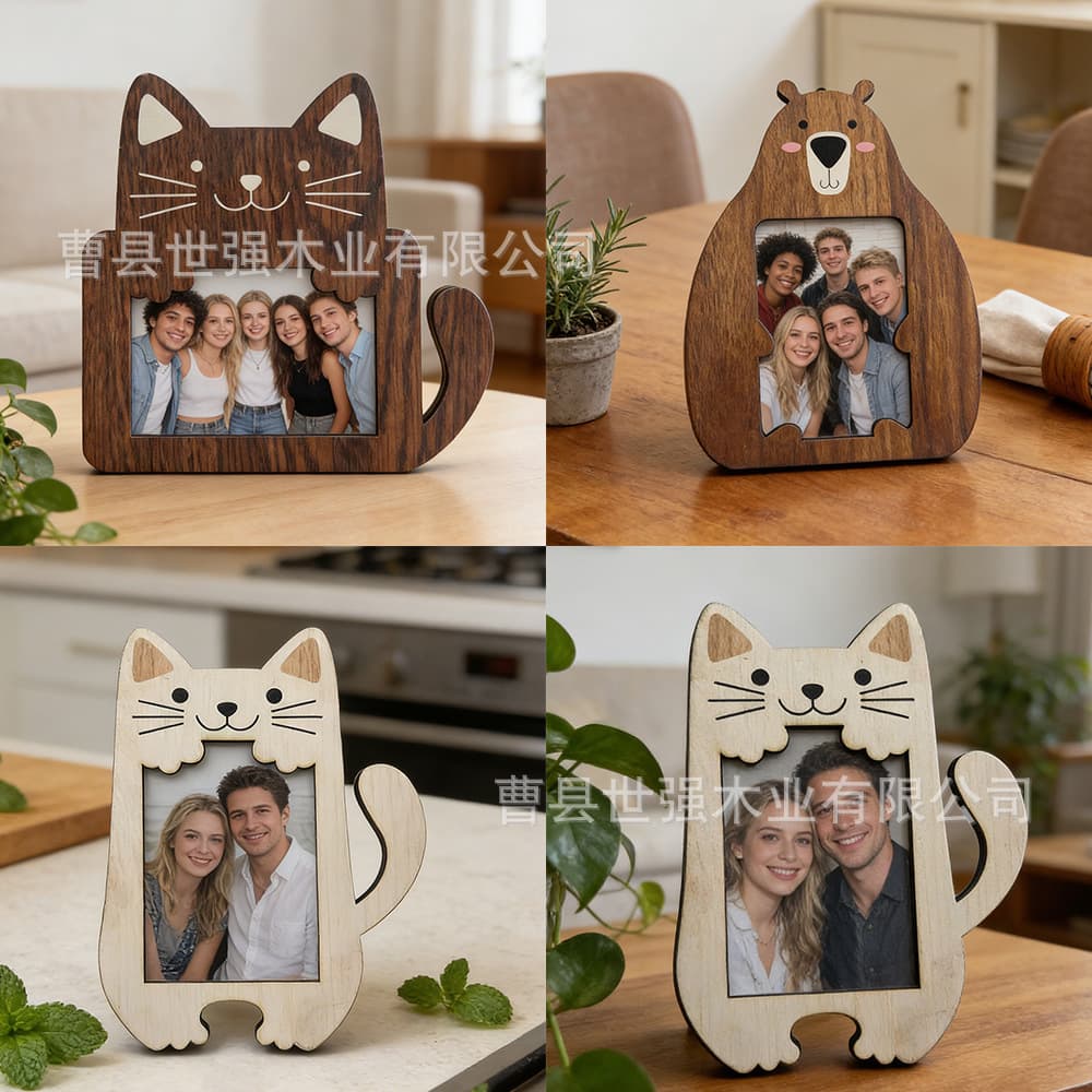 Wooden Picture Frame Desktop Cat Cartoon Design Desktop Decorative Ornament Holiday Photo Commemorative Frame Solid Wood Photo Frame