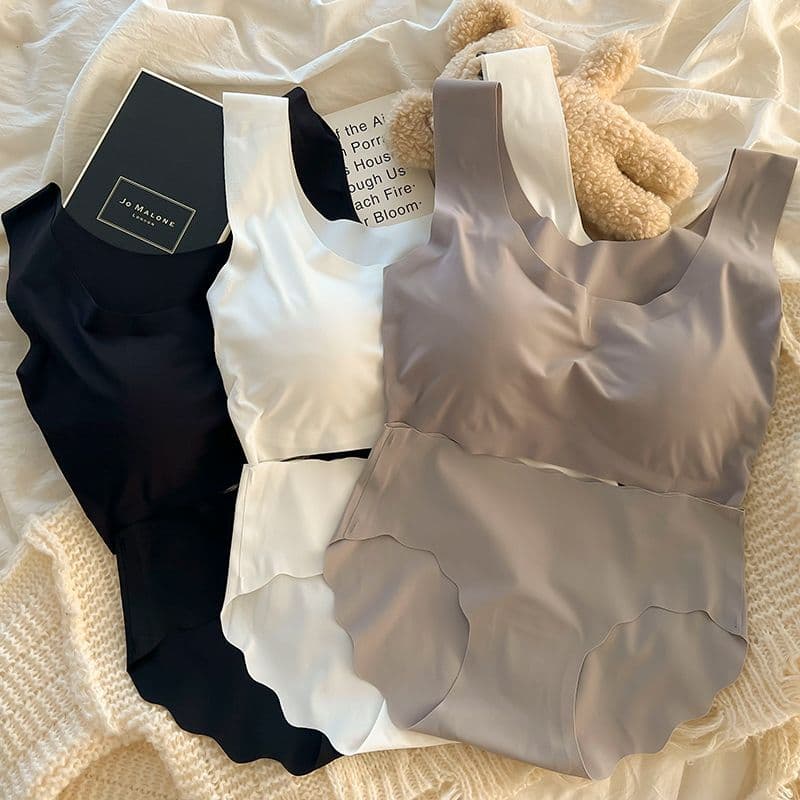 Ice Silk Seamless Sports Camisole Bra Set for Girls, No Steel Ring, Push-Up, Japanese Style Vest Top