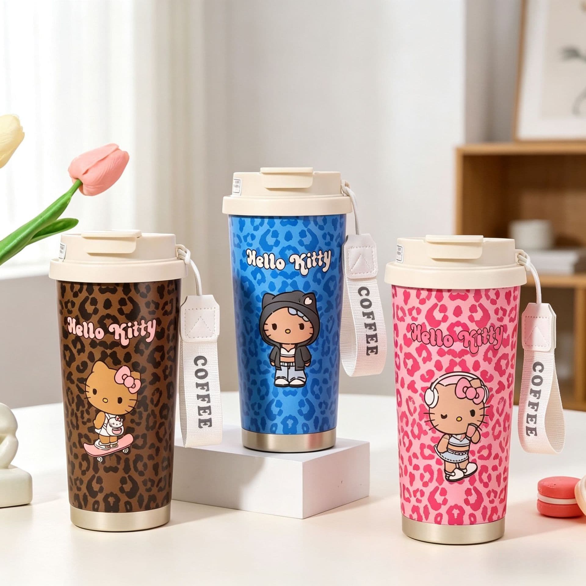 Sanrio KT Leopard Print Coffee Cup Cute Cat New Wild Style Large Capacity Straw Lid Insulated Mug
