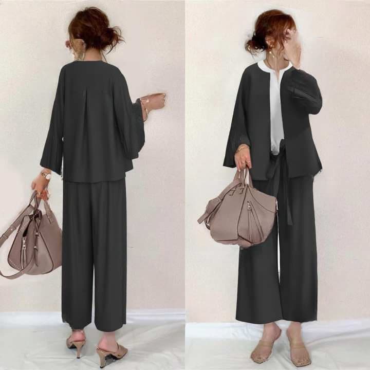 2026 Petite Casual Workwear Loose Drawstring Flared Pants Three-Piece Set, Height-Enhancing Summer Thin Style
