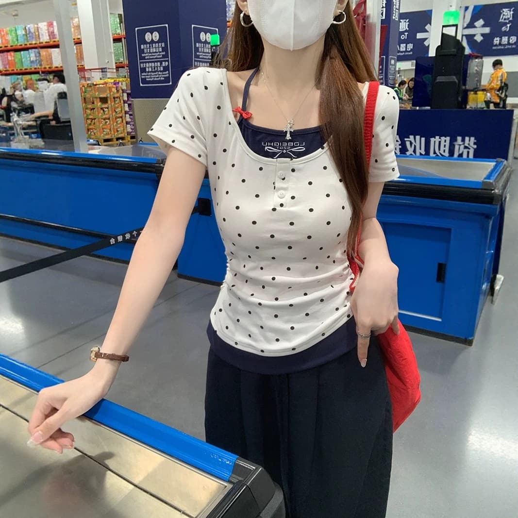 Korean-Style Polka Dot Faux Two-Piece Ribbed 210g Commuter Short-Sleeve T-Shirt for Women, Summer High-End Exquisite New Top