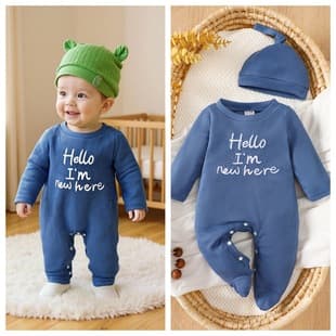 Newborn Footed Bodysuit, Baby Waffle Knit Letter Embroidery Monk Hat Set, Spring/Autumn Romper