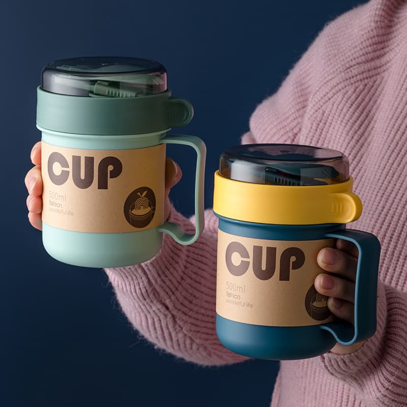 Oatmeal Cup Breakfast Container with Lid and Spoon, Microwave Safe Portable Plastic Milk Cup