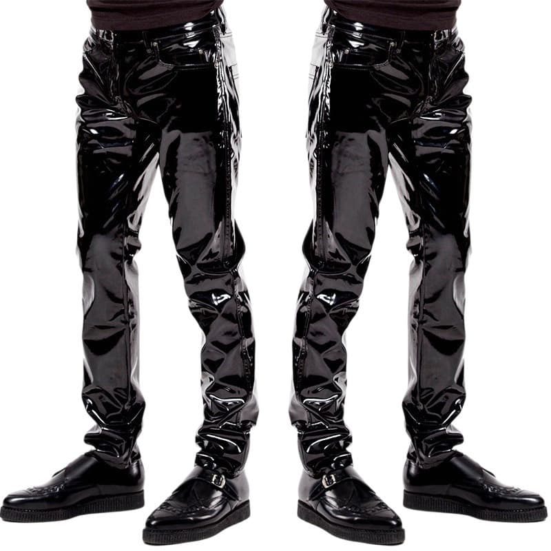 Men's Glossy PU Leather Pants Skinny Biker Style European American Rock Party Performance Costume Cross-border New Trendy Men's Pants