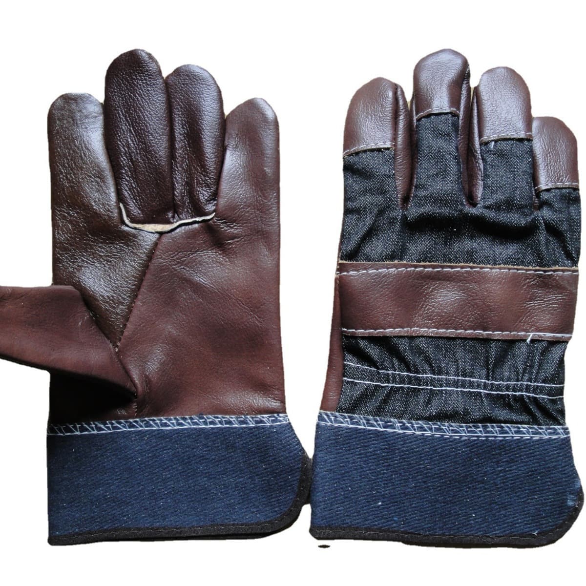 Dark furniture leather split-palm welding gloves single-layer split knife cow top-grain spotted leather half-leather denim back-coated sleeve