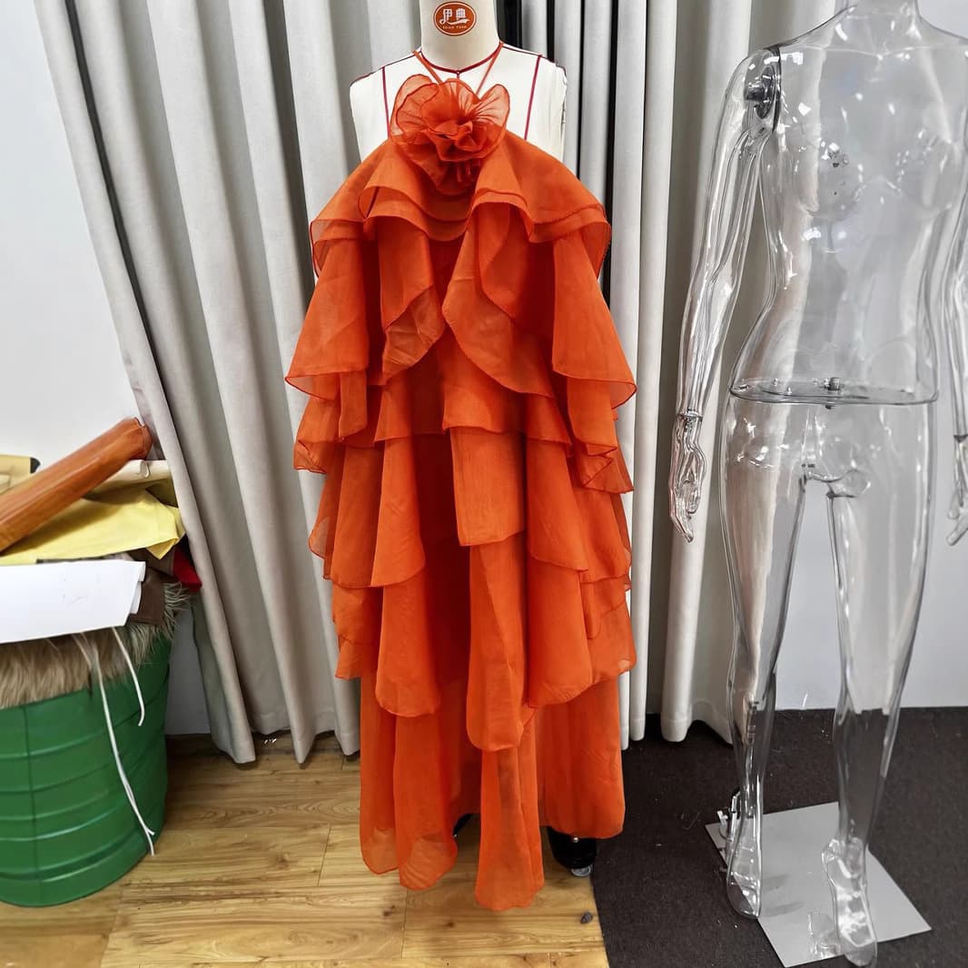 Spot Palace Elegant Orange Halter Sleeveless Backless Lace-up Ruffled Multi-layer Dress 2026 Cross-border Europe and America