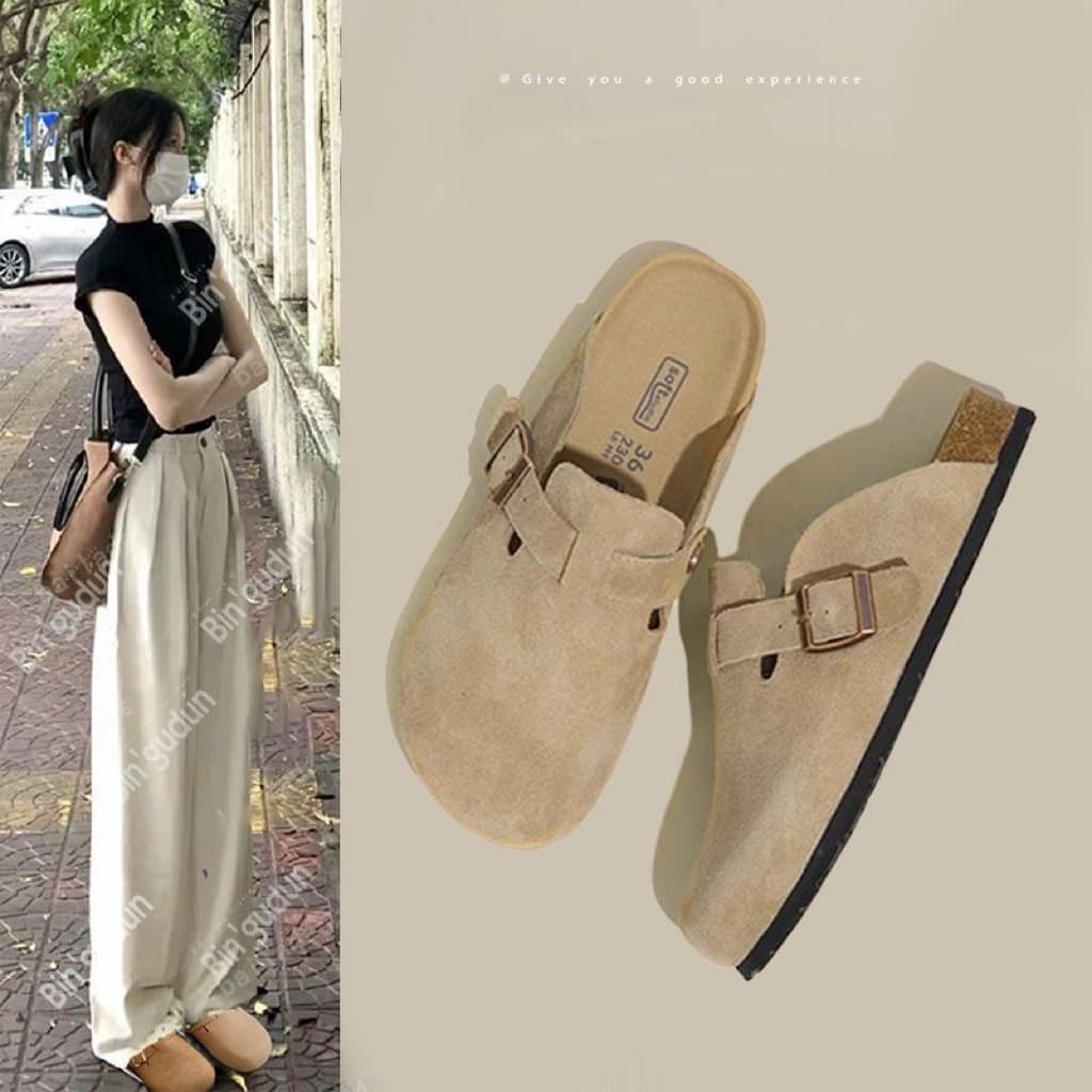 Birkenstock Sandals for Women Summer 2024 New Style Genuine Leather Vintage Cork Pattern Toe Loop Flat Sandals Non-slip