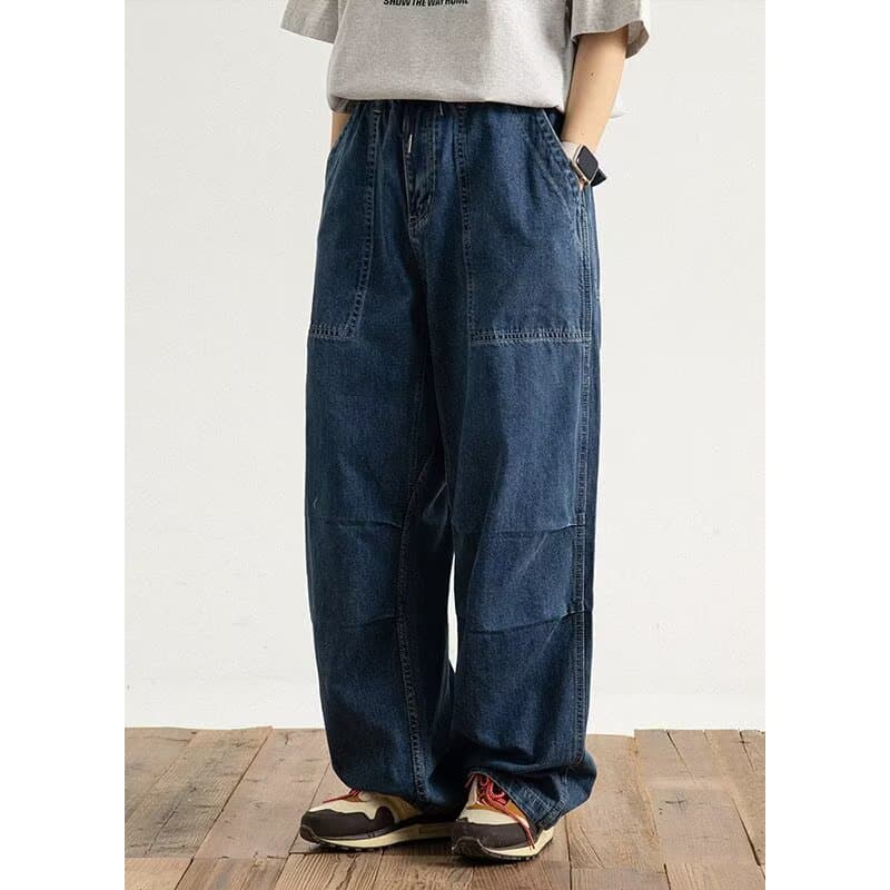 Men's Japanese Vintage Washed Denim Jeans Straight Loose Wide Leg Long Pants Casual Trendy
