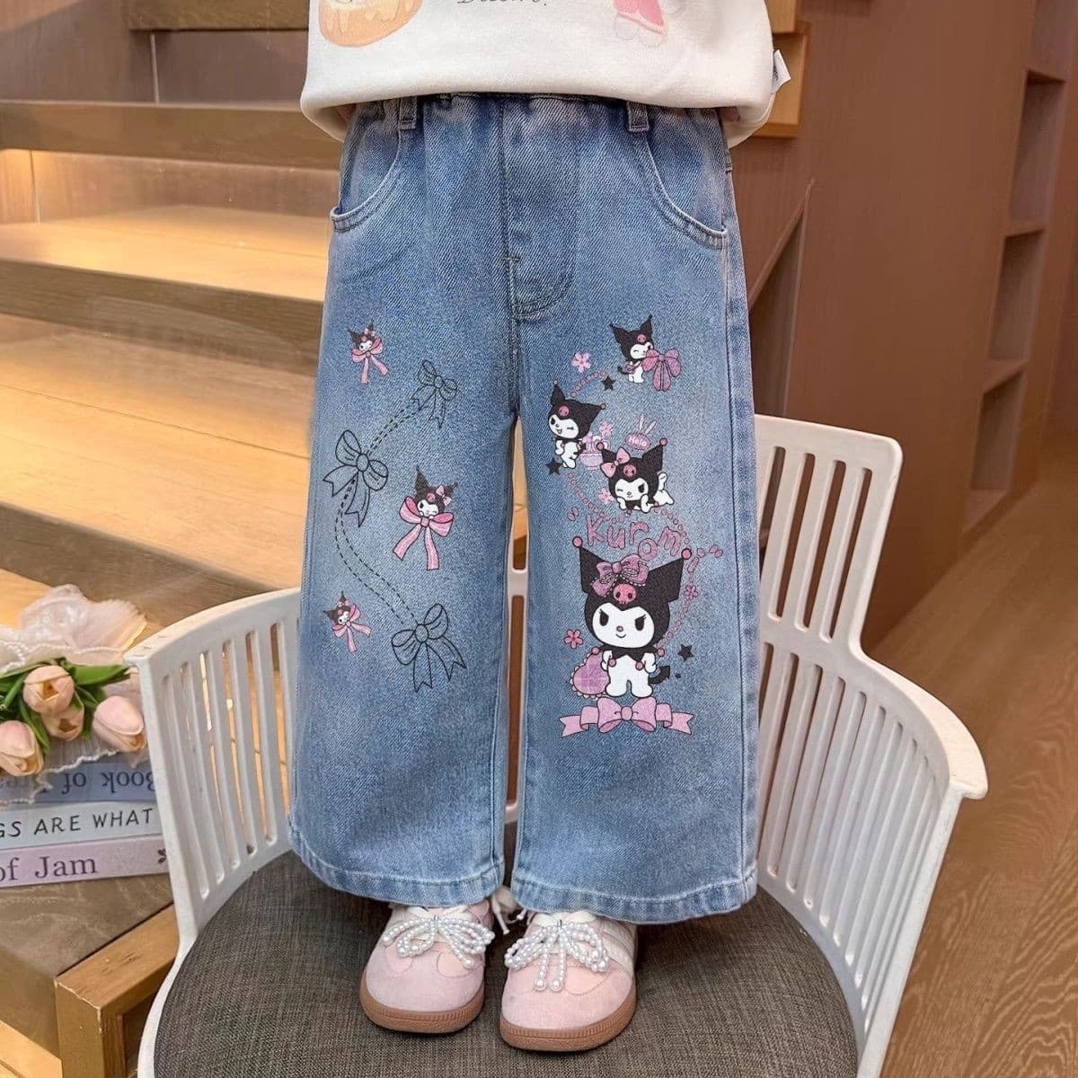 Girls' Jeans 2026 Spring Summer New Cartoon Stylish Mid-Large Kids Loose Long Pants Outerwear Dad Straight-Leg Pants