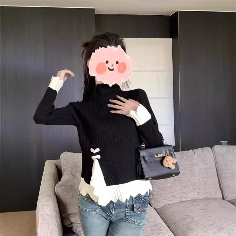 Black turtleneck base top for women, spring/fall/winter 2024 new style, plus size for curvy figures, irregular fitted cropped top, trendy
