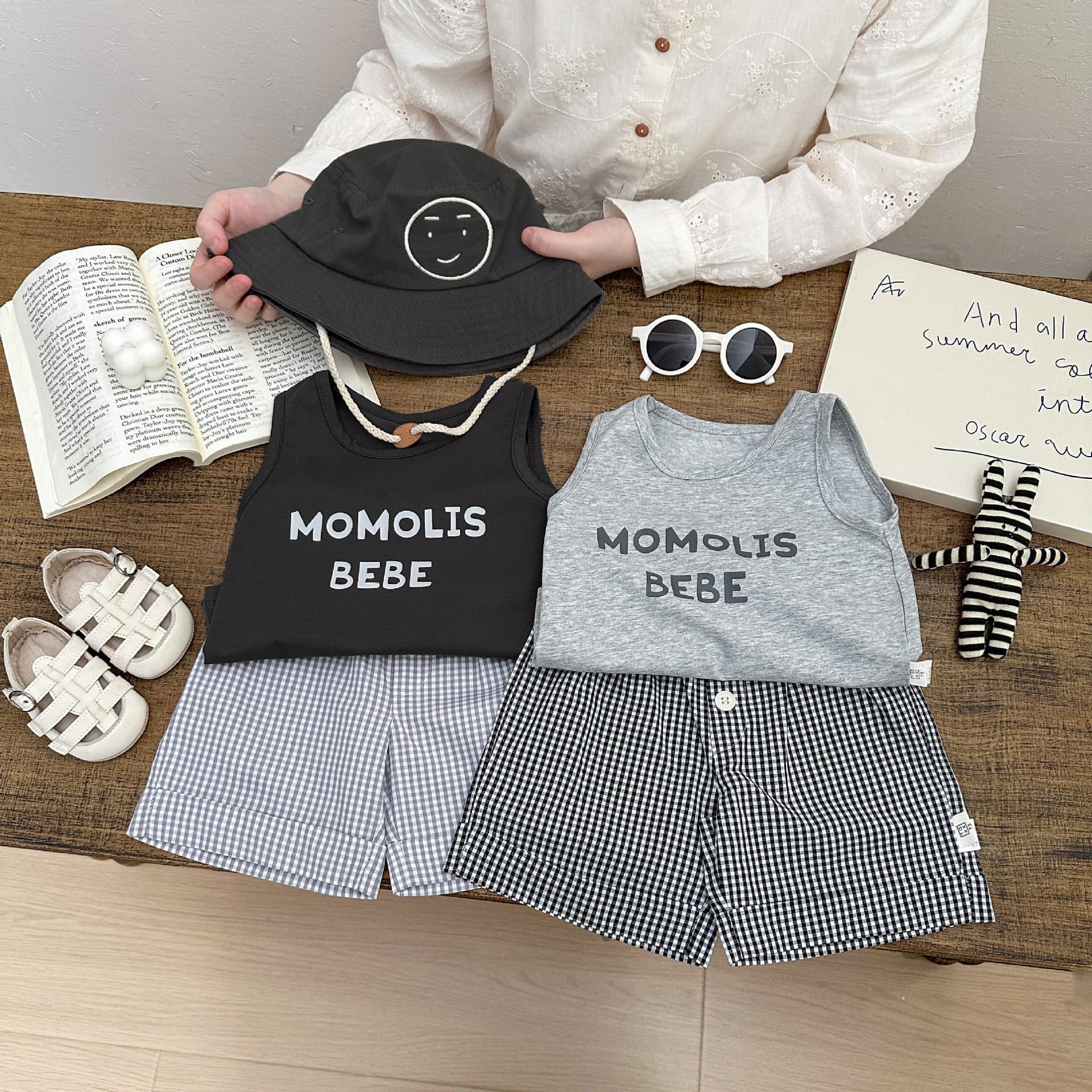 Korean Style Trendy Baby Summer Letter Print Vest Set, Boys' Thin Breathable Vest T-Shirt + Plaid Shorts Children's Wear