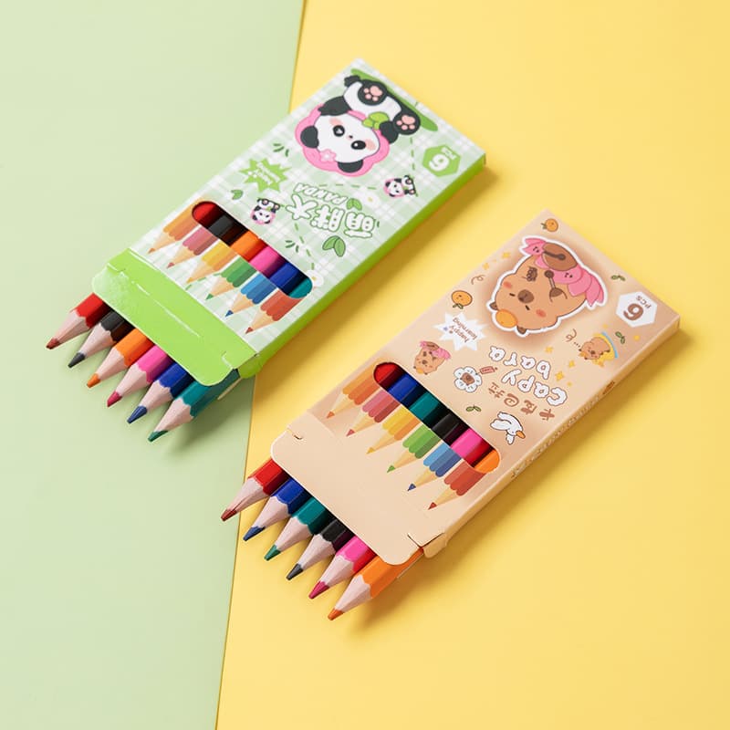 Children's Cartoon Mini Colored Pencil Set 6 Colors in Box, Oil-Based Colored Pencils for Elementary School Students Drawing, Student Stationery Wholesale