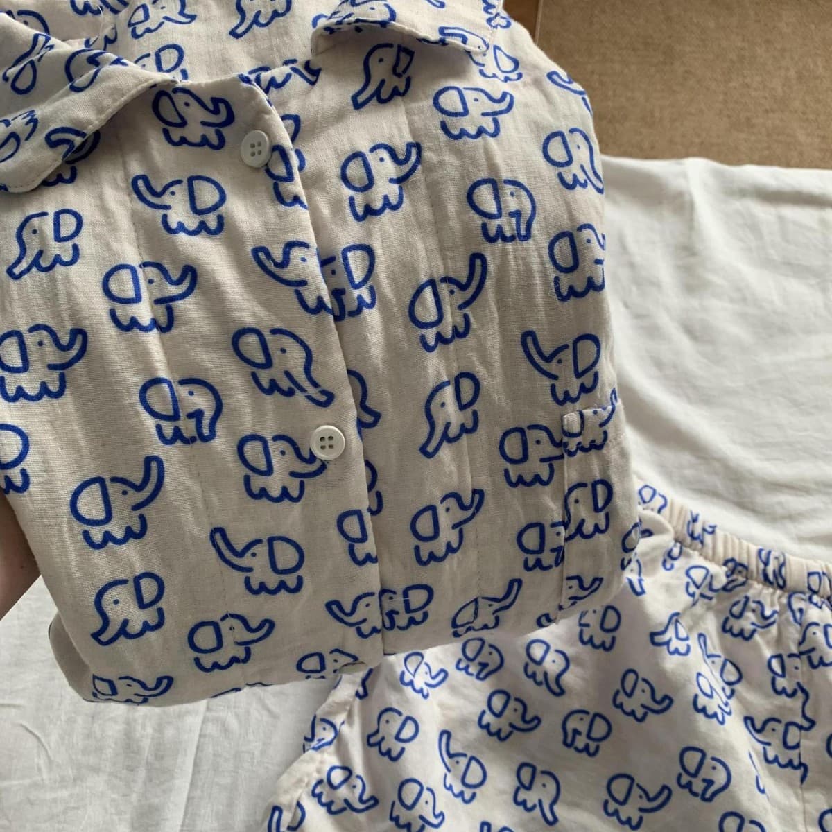 Soft Cute Line Elephant Short Sleeve Pajamas for Women, Summer New Loose Cardigan Sleepwear Set, Wearable Outdoors