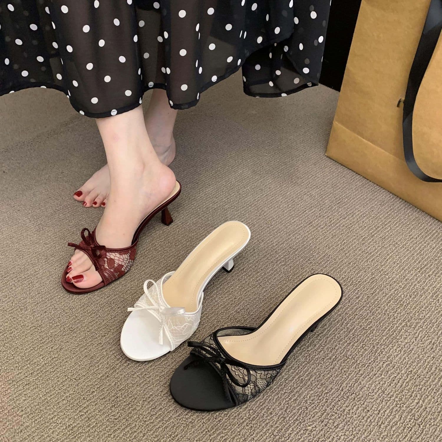 Summer Lace High Heel Sandals, Slimming New Fairy Style Butterfly Knot High Heels, French Thin Heel Peep-Toe Slippers