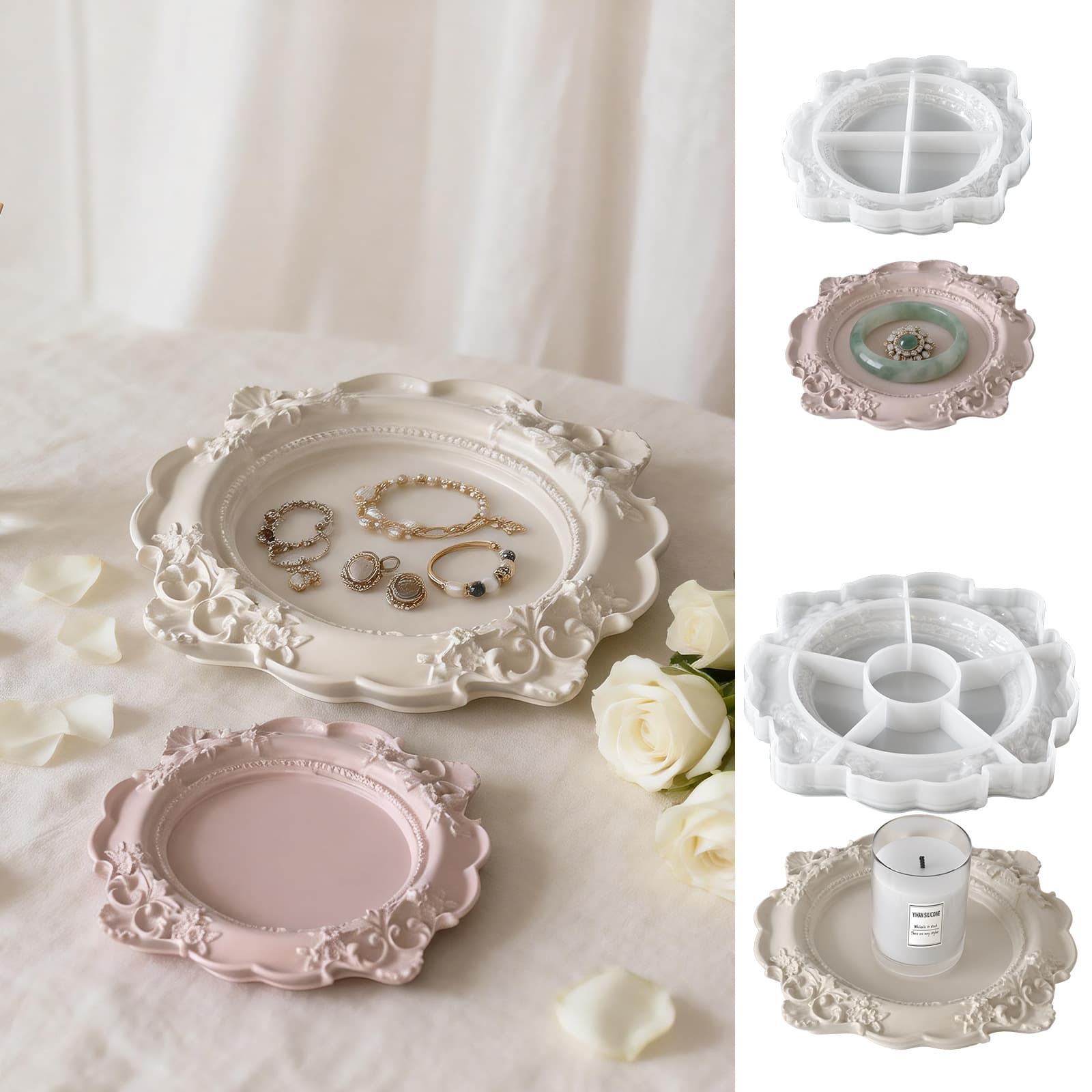 Nordic Vintage Lace Tray Plaster Ornament DIY Aromatherapy Baroque Relief Jewelry Dish Silicone Mold