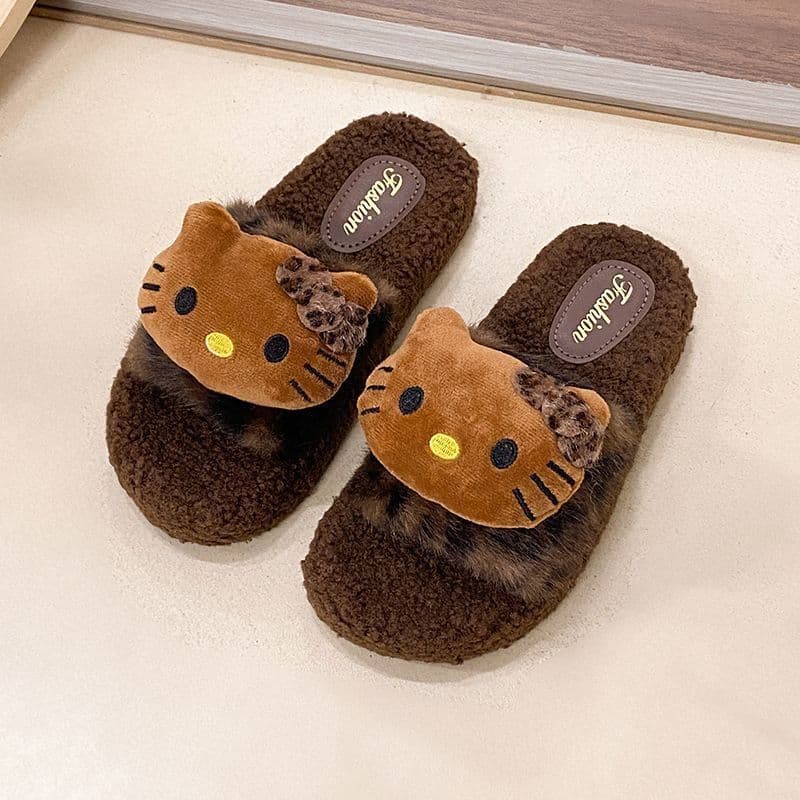 High-Looking Kt Cat Furry Slippers for Women to Wear Outside, Non-Slip Winter Cotton Slippers for Home, Warm and Fashionable High-End Slippers