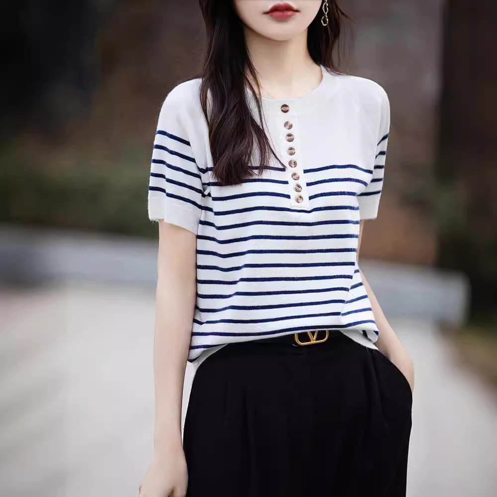 2024 Summer Fashion Korean Loose Striped Short Sleeve T-Shirt for Women Contrast Color Half-Open Collar Knit Top