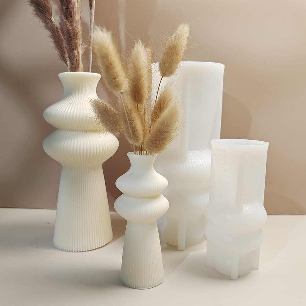 Unique ribbed vase silicone plaster mold narrow mouth simple striped concrete dry flower arrangement art ornament mold