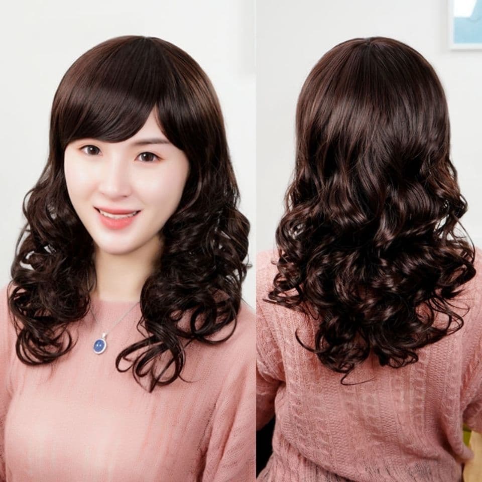 Long Curly Wig for Women Full Head Cover Big Waves Fluffy Natural Side Bangs Medium Long Curly Hair Mother Long Hair Wig