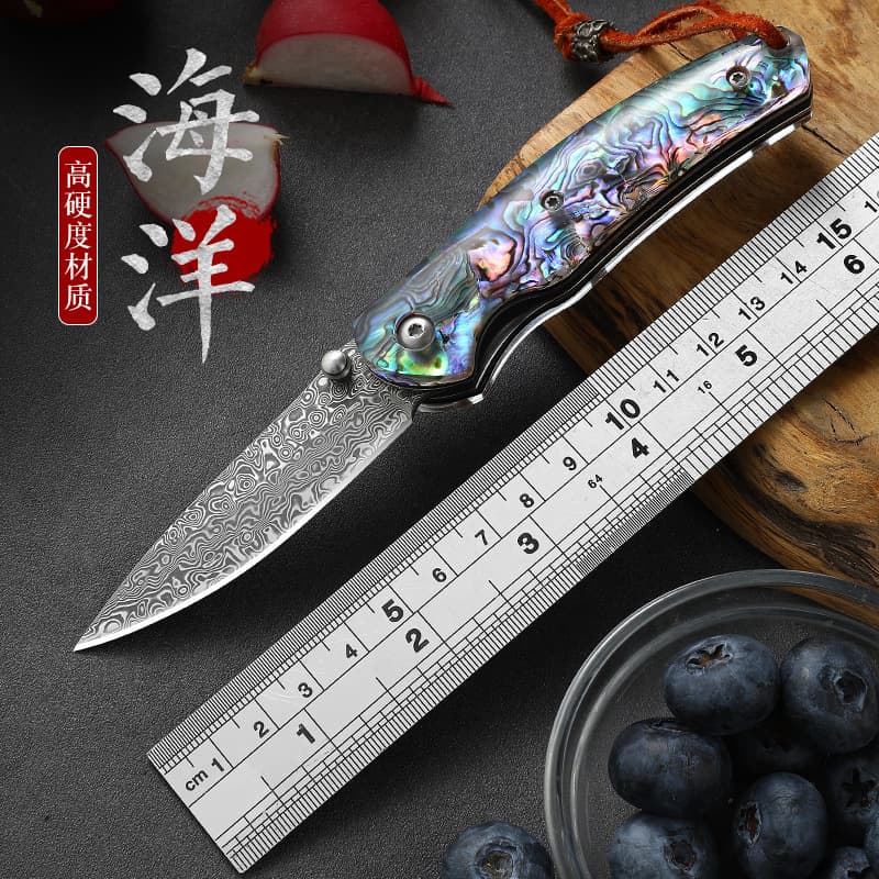 Cross-border abalone Damascus steel folding pattern VG10 portable high hardness sharp outdoor foldable fruit knife