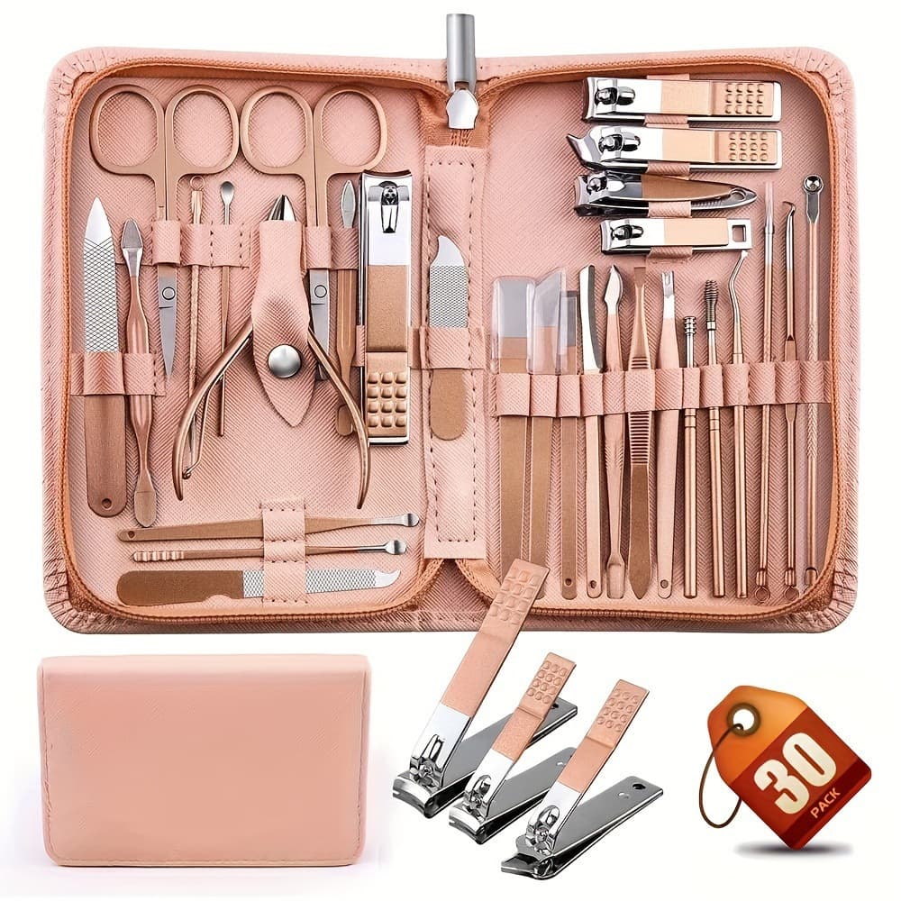 Cross-border Stainless Steel 30-Piece Set Zipper Bag Nail Clipper Pedicure Knife Nail Scissors Set Manicure Tools