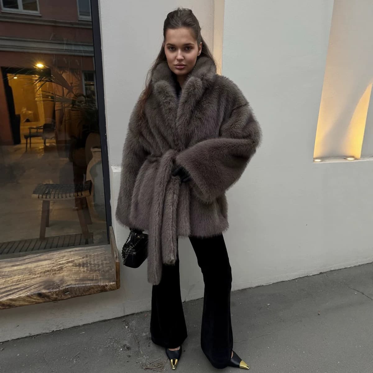 Cross-Border Russian Women's Eco-Friendly Faux Fur Coat, Imitation Fox Fur Jacket with Notched Lapel and Belt