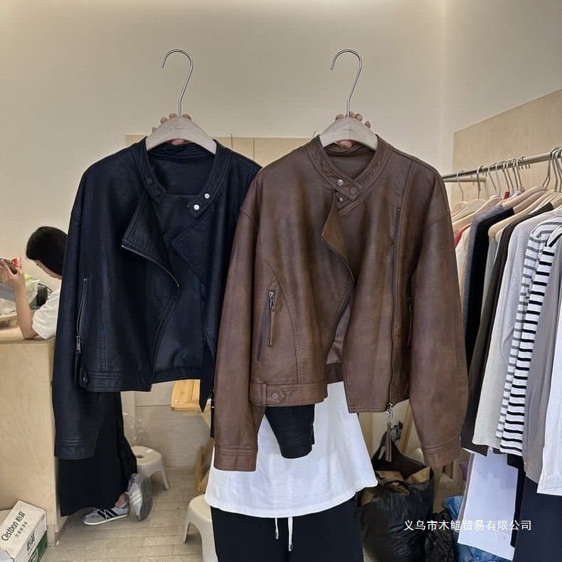 European Leather Jacket for Women Fall 2025 New Trendy Retro Streetwear Moto Biker Jacket Top for Petite