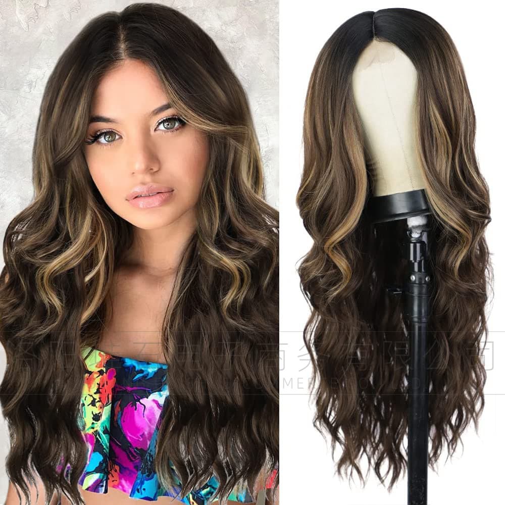 Cross-border European and American women's front lace wig with middle parted bangs, chemical fiber headgear, long curly hair, synthetic wigs, European and American style