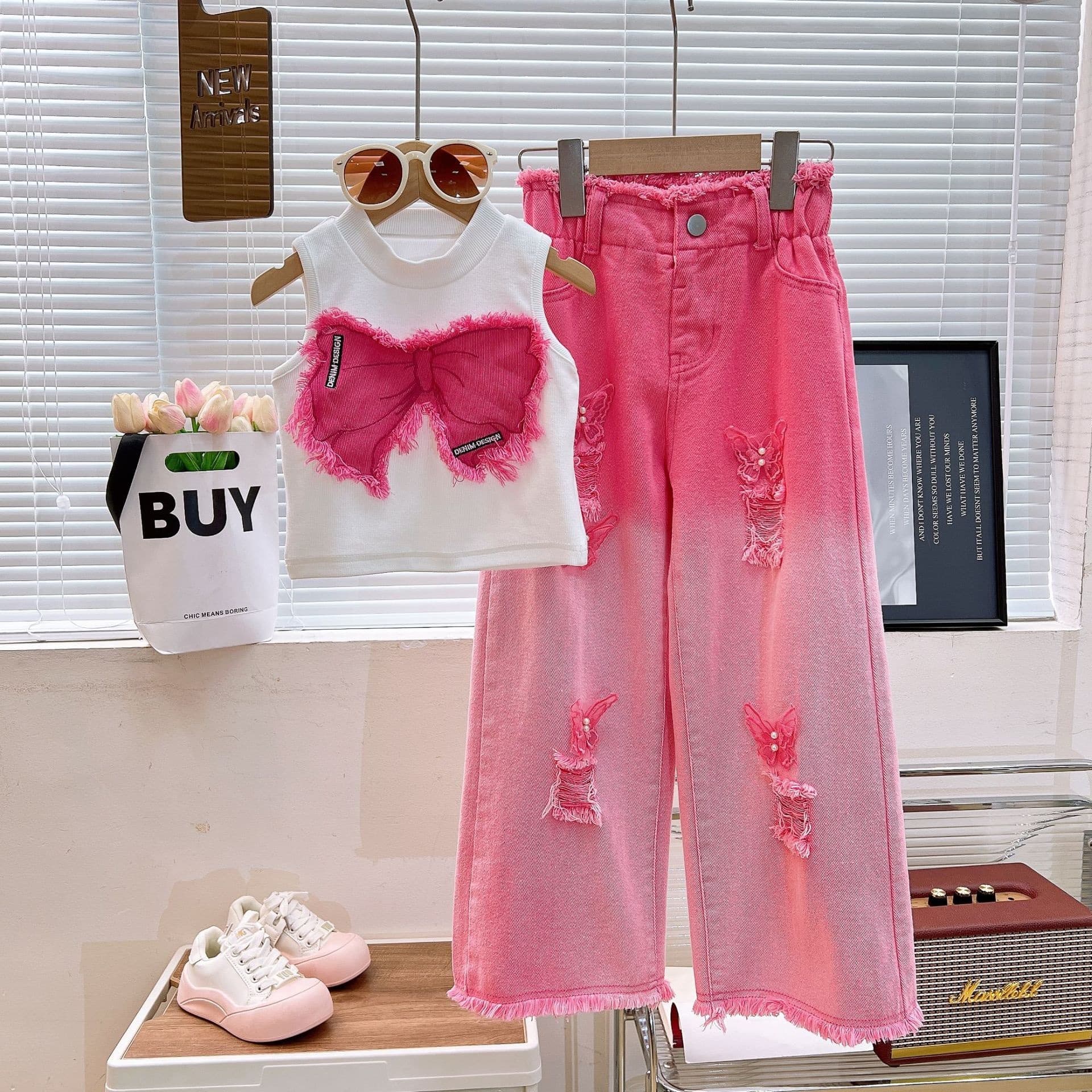 Ancorelala Girls Summer Set 2025 Kids Sleeveless Distressed Denim Two-Piece Set for Older Girls