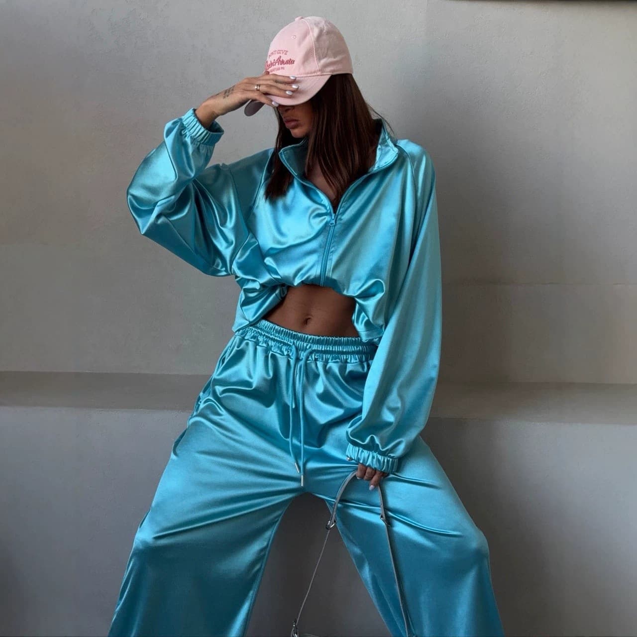 2026 New Export Women's Lake Blue Satin Sportswear Set, Loose Oversize Short Top