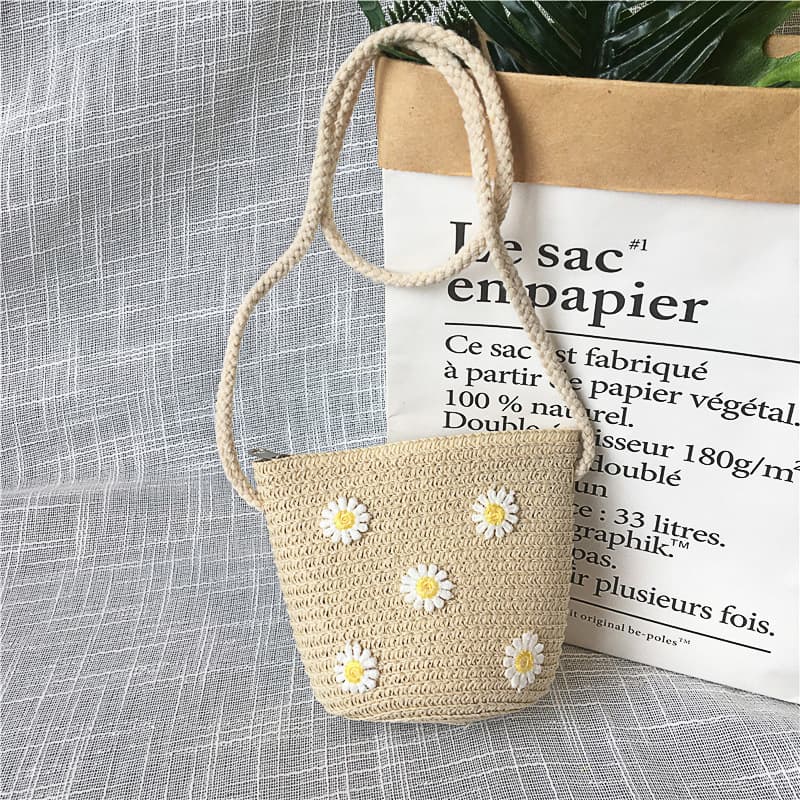 New Children's Coin Purse Woven Straw Bag Cute Princess Style for Girls and Boys Crossbody Zipper Mini Bag