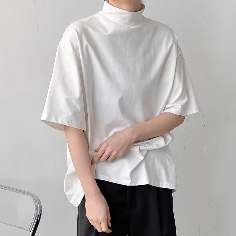 Men's Lightweight High Collar Base Shirt Korean Style Youth Fashion Short Sleeve T-Shirt round Neck Solid Color Top for Supermar