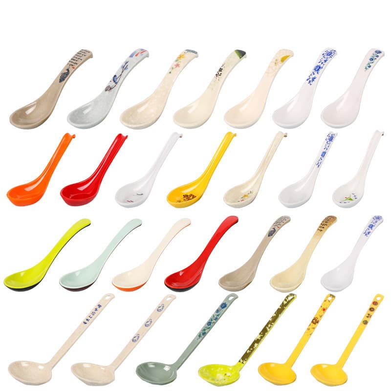 Black and White Melamine Tableware Eating Spoon Long Handle Soup Spoon Ladle Japanese Small Spoon Plastic Dessert Spoon