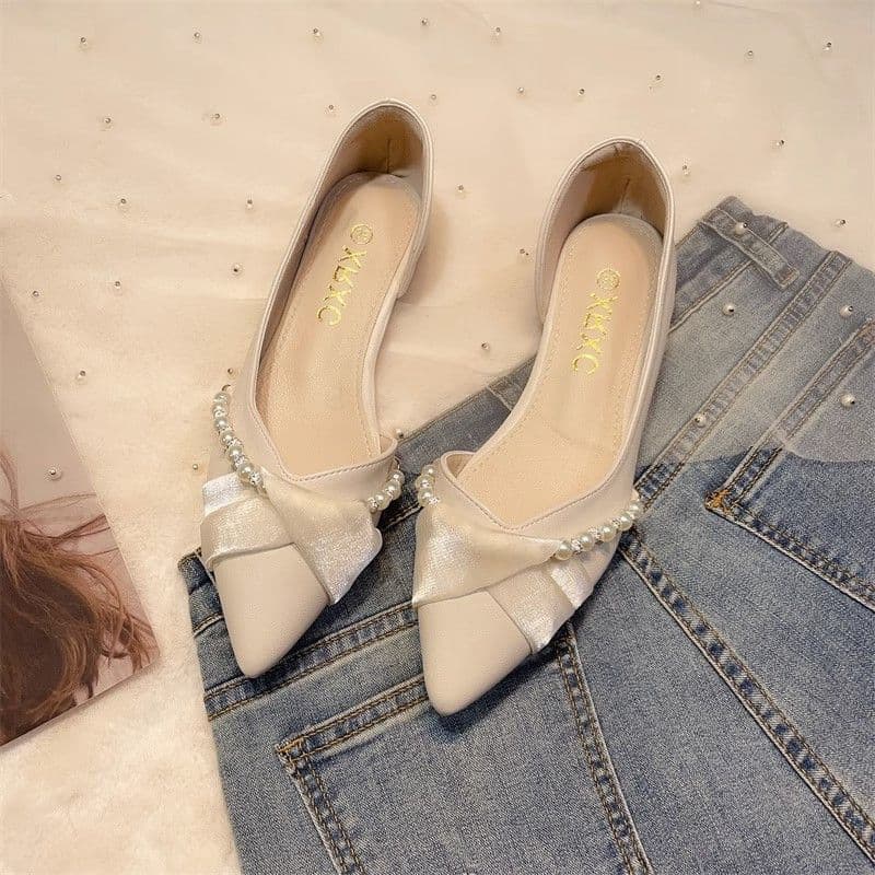 Women's Fairy Style Dress Shoes, Large Size Flats, 2025 Spring and Autumn New Arrival, Pointed Toe, Shallow Mouth, Pearl Embellished Shoes