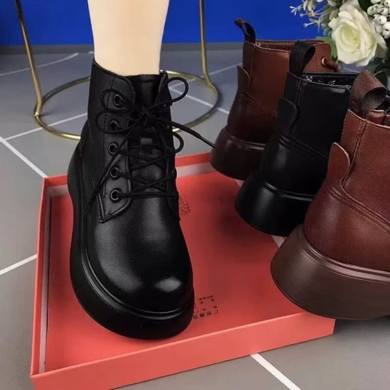 New Autumn Winter Martin Boots Women Cotton Boots Round Toe Soft Leather Anti-Slip Thick Sole Platform Short Boots British Style Boots Cotton Shoes