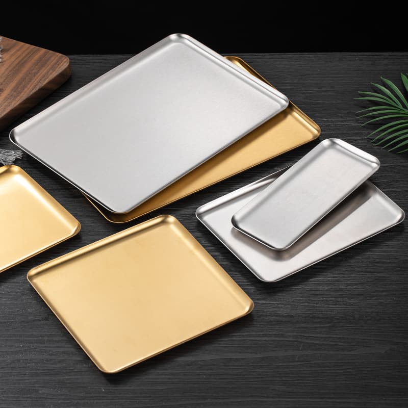 Korean-style 304 Stainless Steel Rectangular Cafe Tray Straight Edge Golden Barbecue Pan Flat Bottom Dim Sum Cake Pan