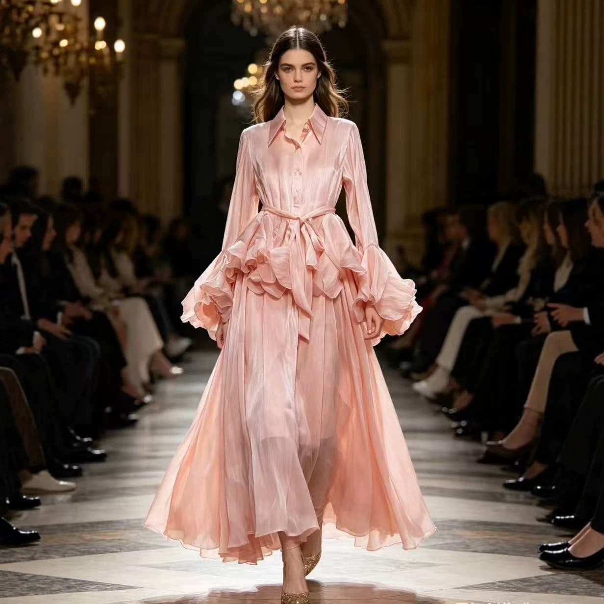 Elegant Light Luxury Dress Set for Women: Ruffle Flounce Sleeve Blouse and Long Skirt Two-Piece Formal Suit