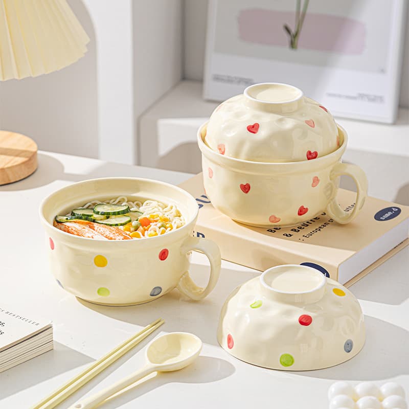Simple Ins Noodle Bowl Ceramic Bowl High Appearance Multi-Type Lid Noodle Bowl Set Handle Bowl Double Ear Bowl