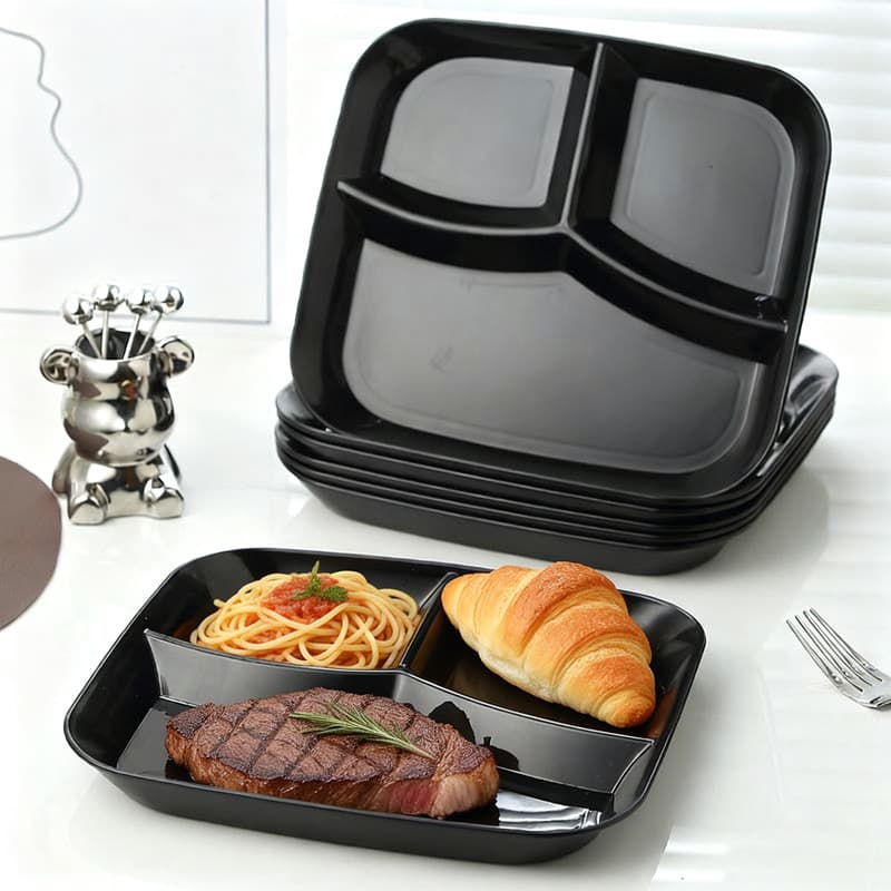Black Multi-Compartment Plate Square Plastic Fast Food Tray Portion Control Special Three-Compartment Divided Plate Single-Person Fixed-Portion Divided Plate